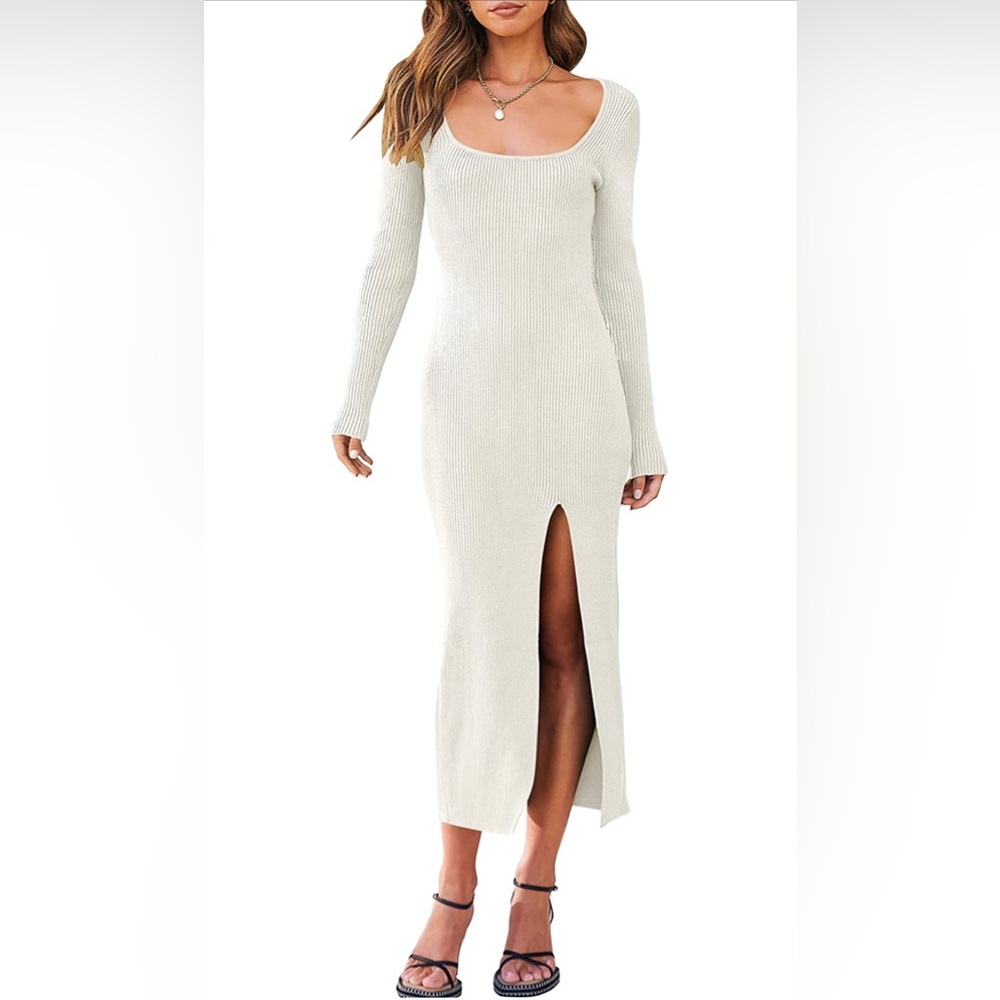 NWT Long Sleeve Square Neck Slit Bodycon Sweater Ribbed Knit Maxi Dress (S)